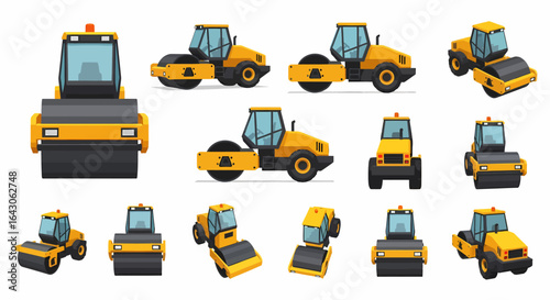 Collection of cartoon-style road rollers in various views, showcasing construction equipment.