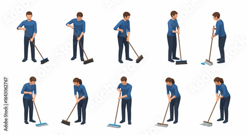 Set of isometric illustrations depicting people sweeping floors with various broom postures.