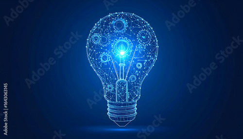 Digital innovation concept with a glowing lightbulb formed by intricate connected lines and gears.