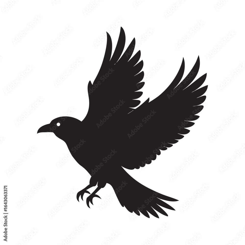 Fototapeta premium A stark black silhouette of a raven in flight with wings spread wide against a clean white background