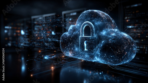 Cloud security. Businessman touching interface and cloud security, cyber defense infrastructure, digital data protection, network compliance management, secure communication concept.