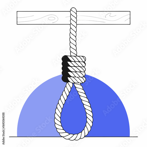 A noose made of thick rope hangs from a wooden beam against a blue background