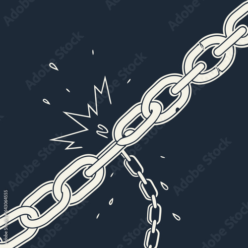 A strong metal chain breaks apart with a powerful impact and sparks flying against a dark background