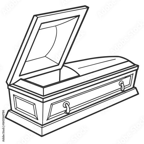 An open ornate coffin with decorative handles and a lined interior presented as a simple line drawing