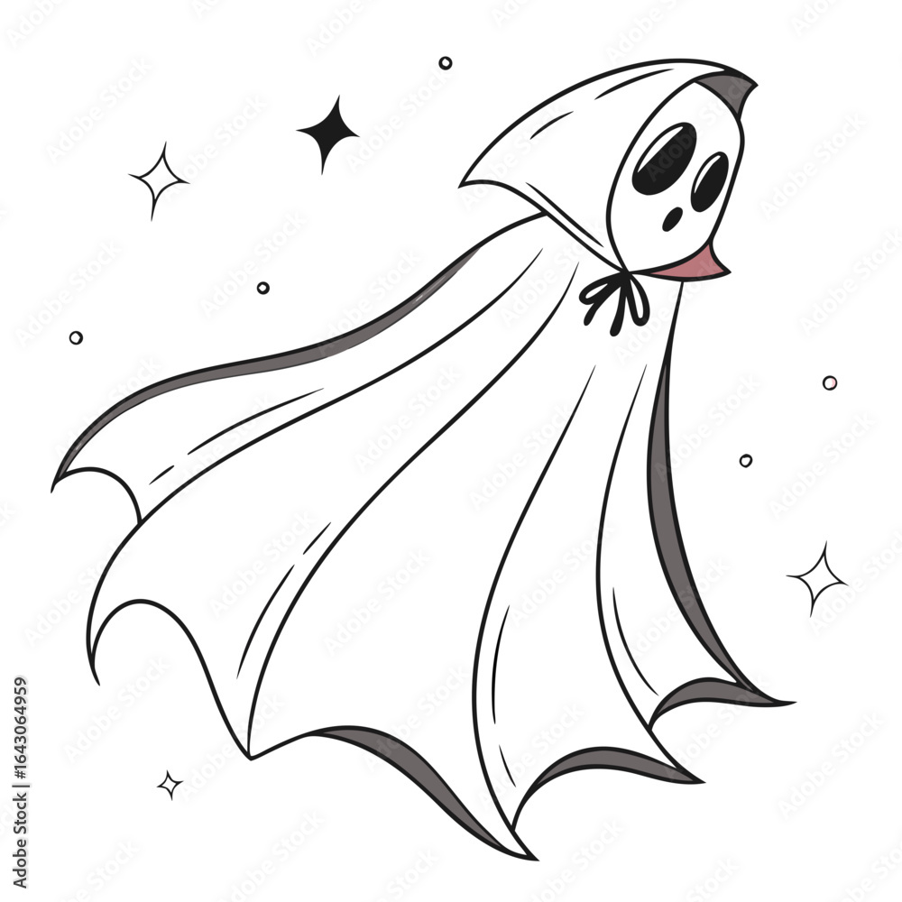 Fototapeta premium Cute cartoon grim reaper with a flowing black cloak and starry night background