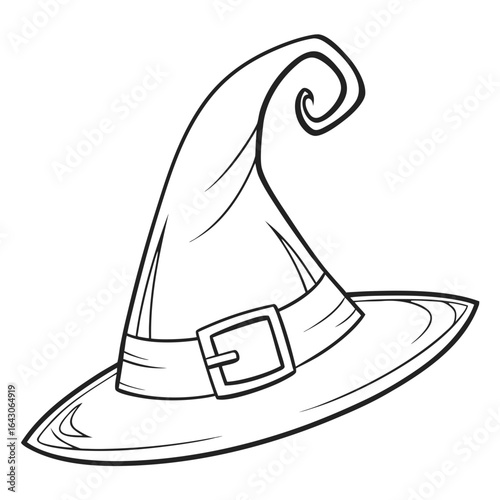 Classic witch hat with a curled tip and buckle presented as a simple black and white line drawing