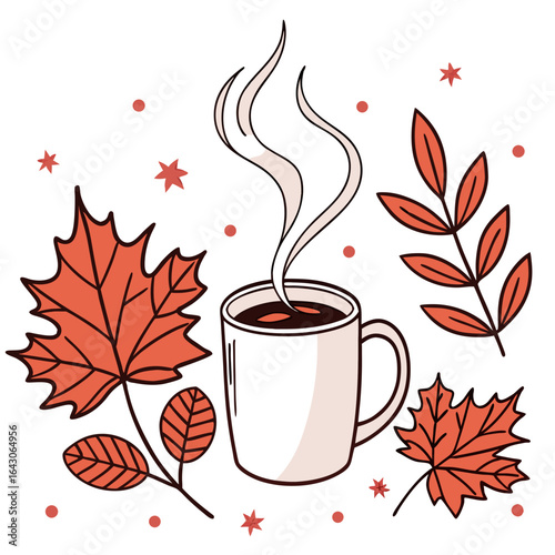Cozy autumn vibes with a steaming cup of coffee and falling maple leaves illustration