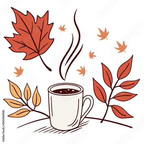 Cozy autumn vibes with a steaming cup of coffee surrounded by falling maple leaves
