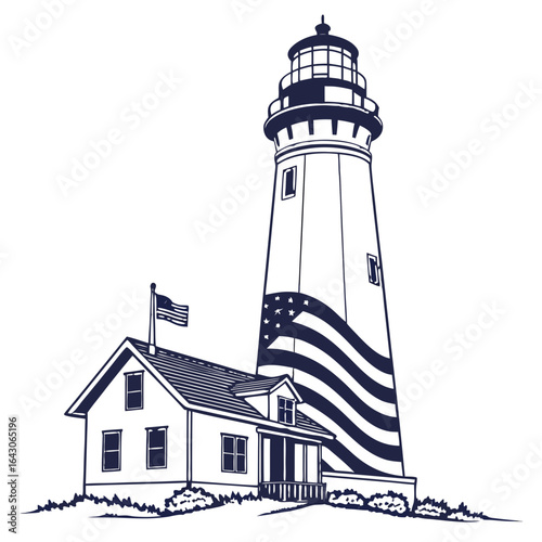 Iconic american lighthouse with attached keeper s house and flag flying proudly against a dark backdrop