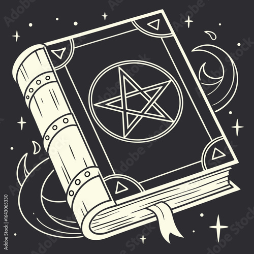 Mysterious occult book with a pentagram symbol and celestial elements magical knowledge