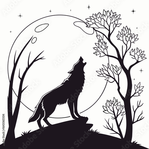 Silhouette of a wolf howling at the full moon on a rocky outcrop with bare trees and stars