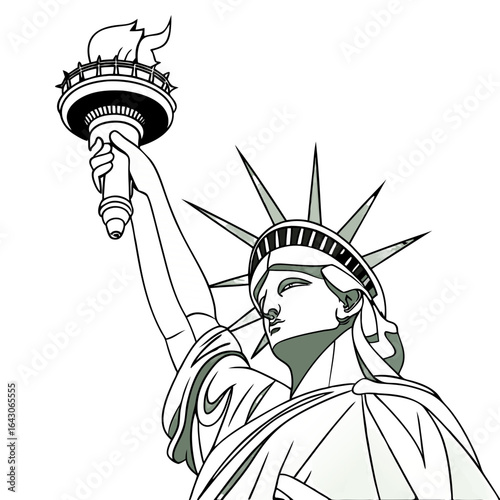 Striking graphic illustration of the statue of liberty with torch held high against a dark background