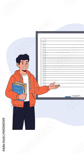 Young man in an orange hoodie standing near a whiteboard holding books gesturing