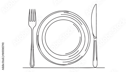 Continuous one single minimal line drawing restaurant plate