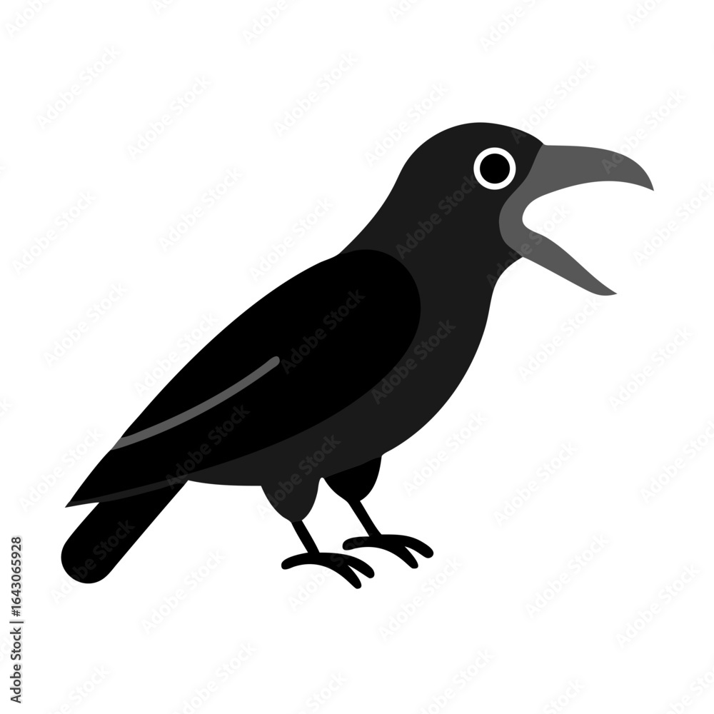 Fototapeta premium Stylized flat illustration of a black crow with its beak open against a solid black background