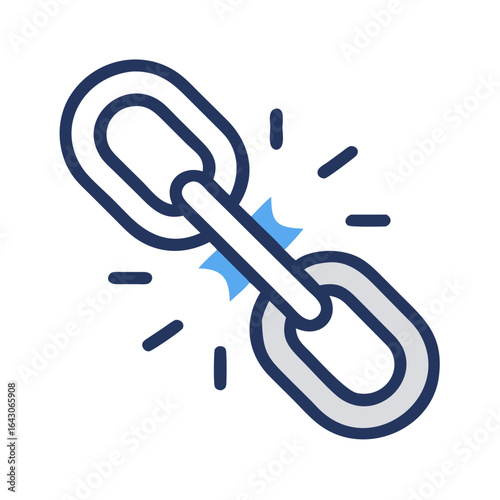Stylized flat icon of a broken chain link with blue highlights on a black background representing disconnection or failure