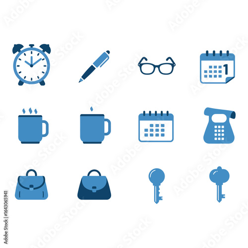 Art of blue icons for daily activities and business isolated on white background