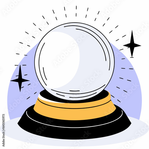 Stylized illustration of a crystal ball with radiating lines and stars on a patterned stand