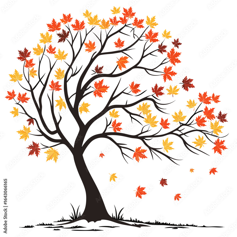 Fototapeta premium Stylized silhouette of a maple tree with falling leaves in autumn colors on a white background