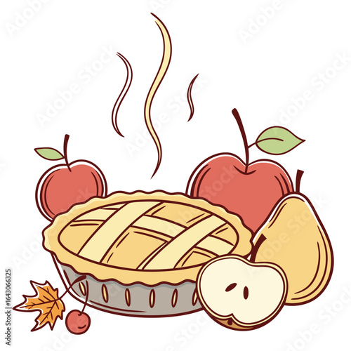 Warm and delicious homemade apple pie surrounded by fresh apples and pear with autumn leaf