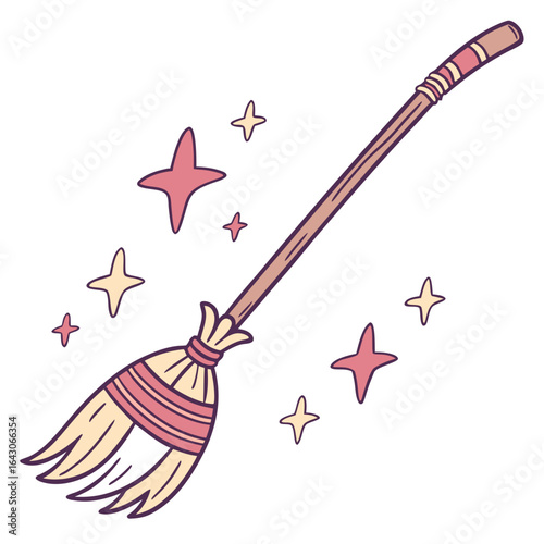 Schilderij op canvas Whimsical cartoon witchs broomstick with sparkling magic stars in soft pastel co