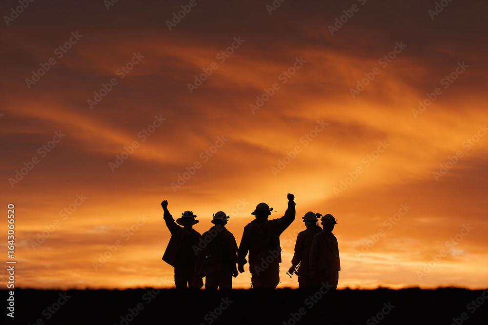 Fototapeta premium Silhouette of determined workers against a fiery sunset. Symbolizing strength, unity, and triumph. Ideal for themes of teamwork, resilience, and overcoming challenges.