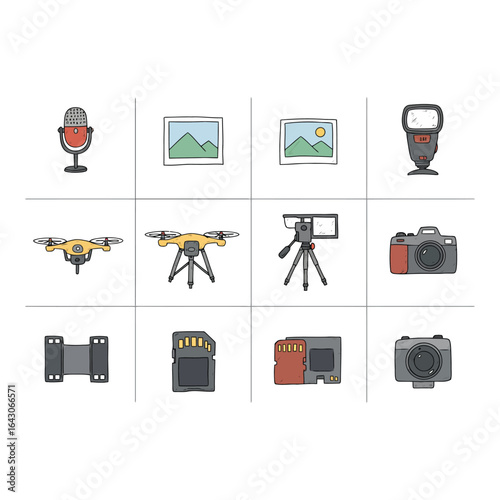 Art of collection of photography and audio equipment icons isolated on white background