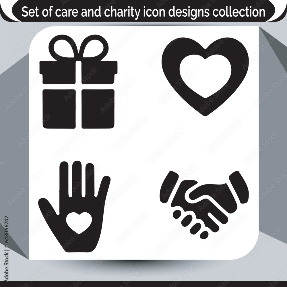 Obraz premium Care and Charity Icons Collection Diverse Symbols of Generosity Support Gift Handshake Heart in Hand Helping