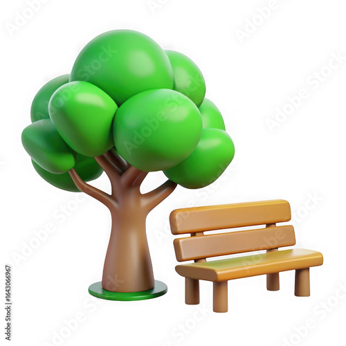 3d stylized tree and park bench isolated on transparent background