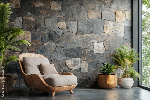Wooden lounge chair placed near a wild stone cladding wall, contributing to rustic interior design in a modern living room. 3D rendering, Generative AI