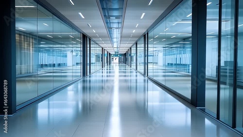 Wallpaper Mural Long Empty Corridor Interior Design with Glass Walls and Reflective Floor and Bright Ceiling Lights Creating Symmetry Torontodigital.ca