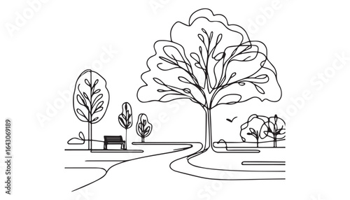 Continuous one single minimal line drawing park landscape