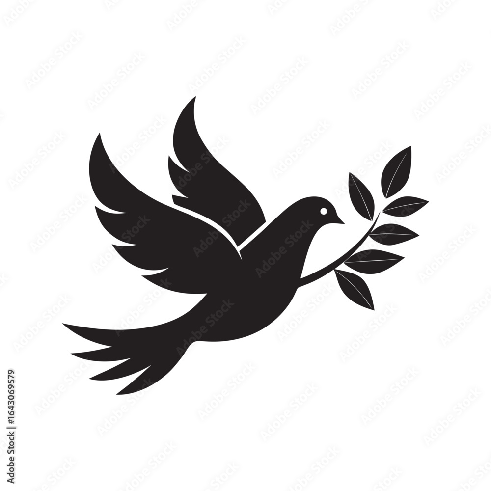 Obraz premium A classic black silhouette of a dove in flight carrying a branch with green leaves symbolizing peace and hope