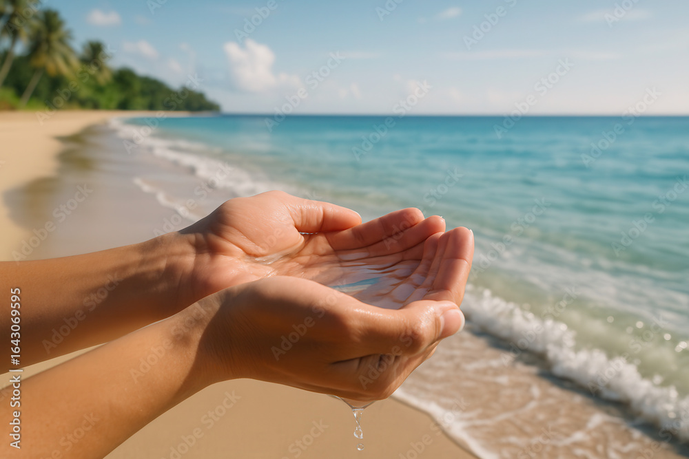 Gentle waves caressing hands tropical beach photography serene environment close-up view refreshing moment Gentle waves caressing hands tropical beach photography serene environment close-up view refreshing moment