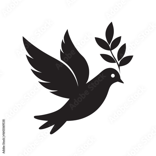 Black silhouette of a dove carrying a branch with leaves symbolizing peace and hope