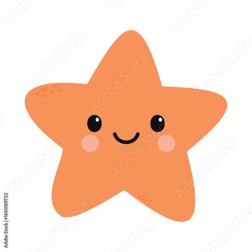 A cute, smiling orange starfish with big eyes and rosy cheeks. The starfish has five arms and a cheerful expression, set against a simple background.