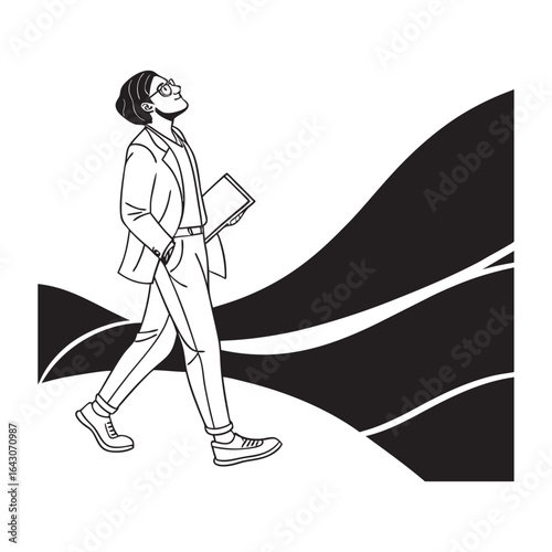 A stylishly dressed person with glasses walks forward holding a folder looking upwards with a hopeful expression