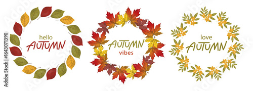 Three autumn wreaths featuring vibrant leaves with messages hello autumn, autumn vibes, and love autumn. Perfect for seasonal greetings and fall-themed designs.