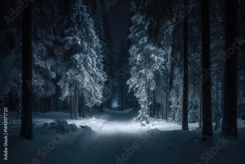Snow-covered forest path at night (1)