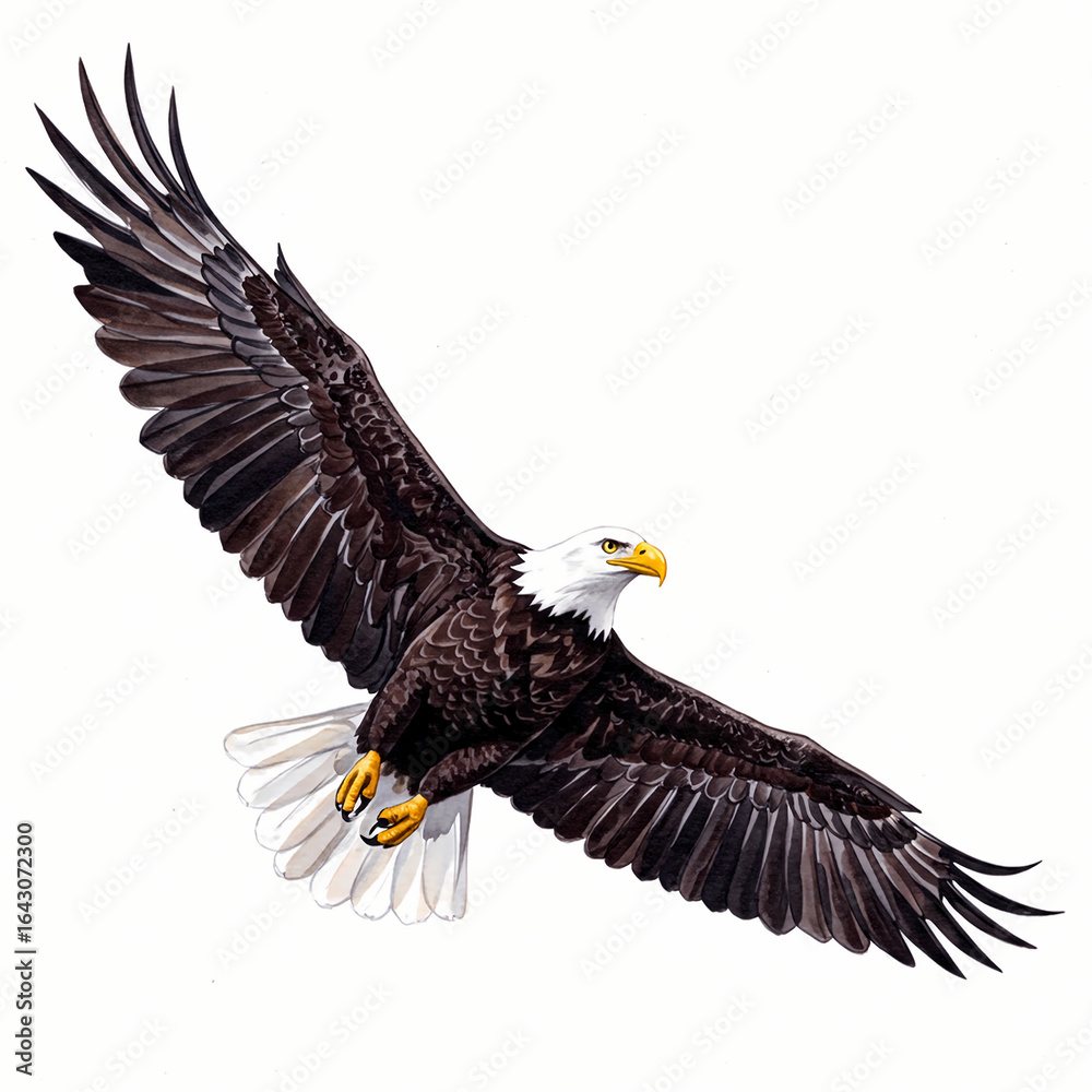 Naklejka premium A majestic bald eagle illustration captured in mid-flight with wings fully extended. This detailed drawing of the iconic bird of prey is isolated on a white background.