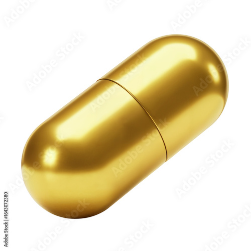 A single shiny golden capsule with a metallic sheen isolated on a transparent background representing luxury and premium medicine isolated on transparent background