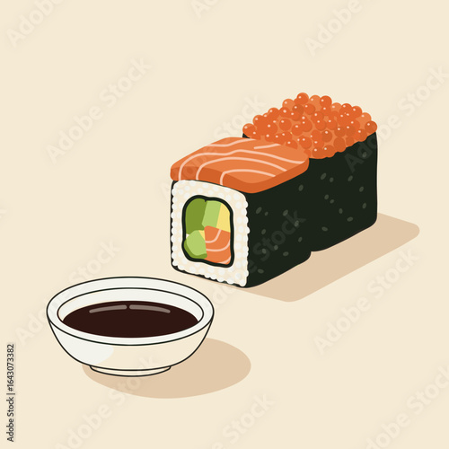 Colorful sushi roll with salmon and roe on a plate, set against a minimalistic background