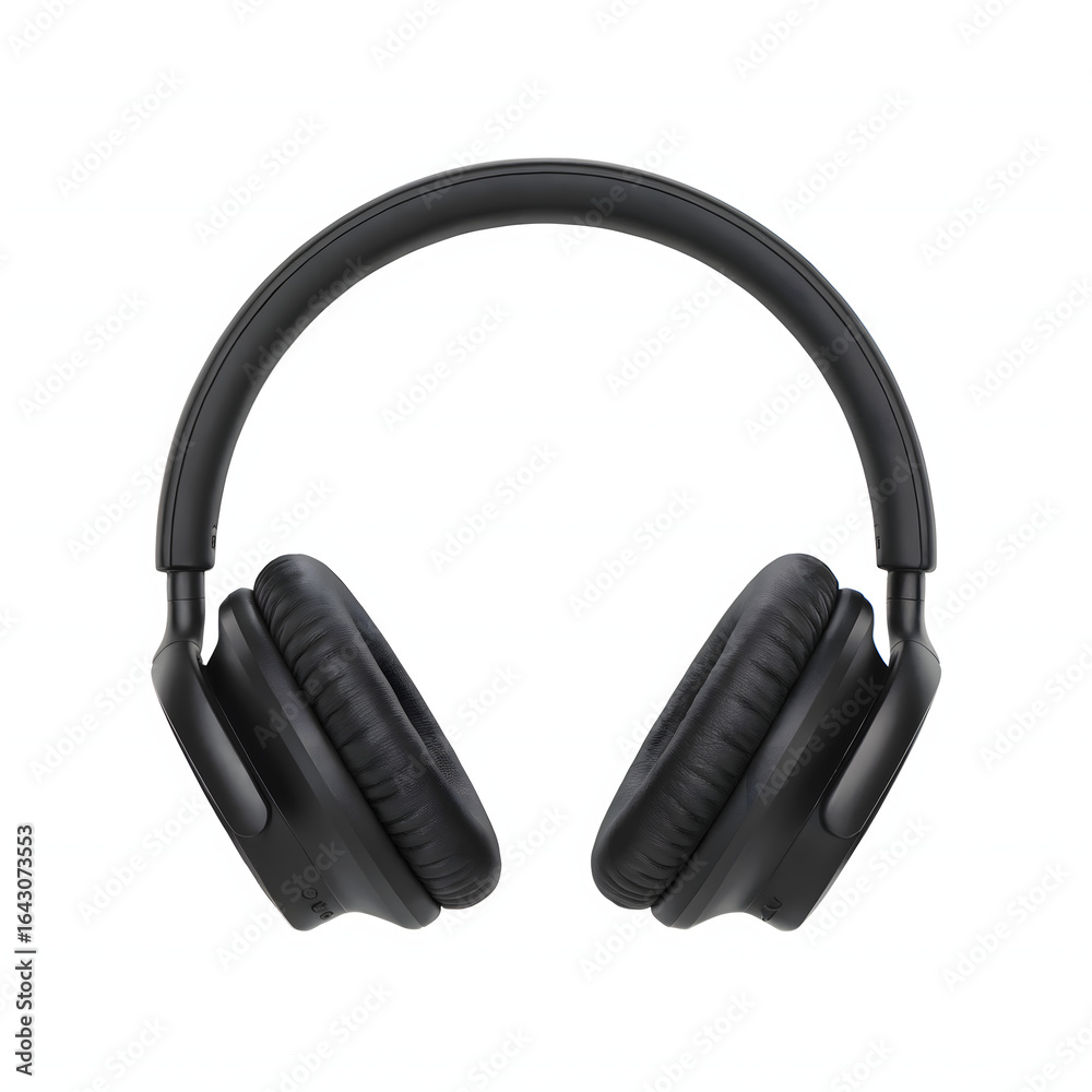 Fototapeta premium A close up view of black over ear headphones with a padded headband on a white background studio shot
