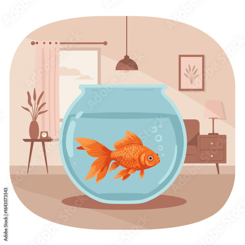 A vibrant goldfish swimming in a spacious bowl, set in a cozy living room with decor