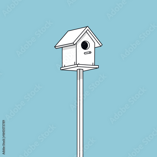 A minimalist birdhouse perched on a pole against a clear blue sky, symbolizing nature