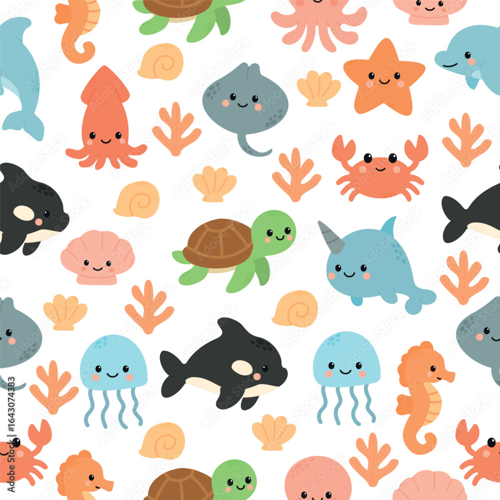 A colorful pattern featuring cute marine animals including dolphins, turtles, jellyfish, octopuses, and starfish, surrounded by coral and seashells. A colorful pattern featuring cute marine animals including dolphins, turtles, jellyfish, octopuses, and starfish, surrounded by coral and seashells.