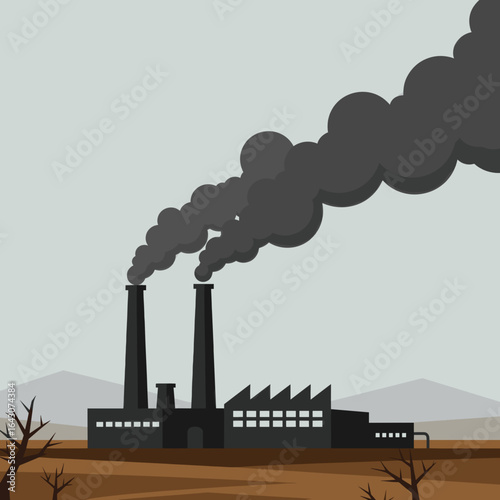 Industrial smokestacks releasing thick smoke against a pale background, symbolizing pollution