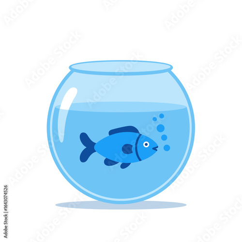 A vibrant blue fish swimming in a round fishbowl with bubbles, set against a white background