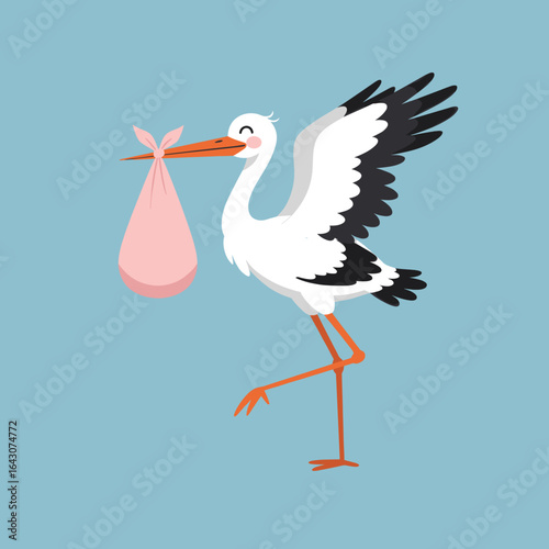 Stork carrying a pink bundle in its beak against a light blue background