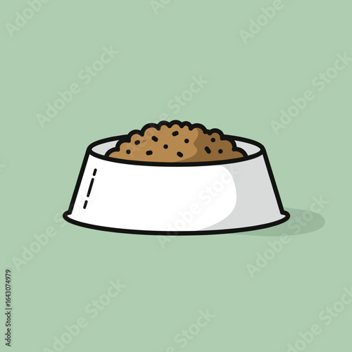 A clean pet food bowl filled with kibble against a pastel green background